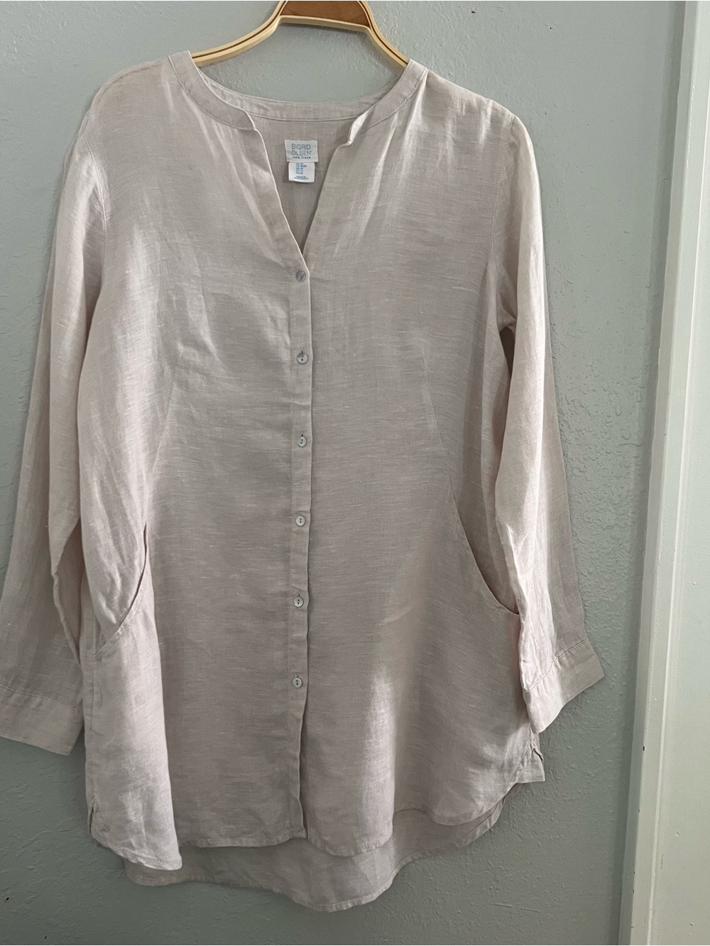 Sigrid Olsen 100% Linen Top Light Beige Taupe Button-Front Tunic Pockets Sz M - Picture 2 of 7